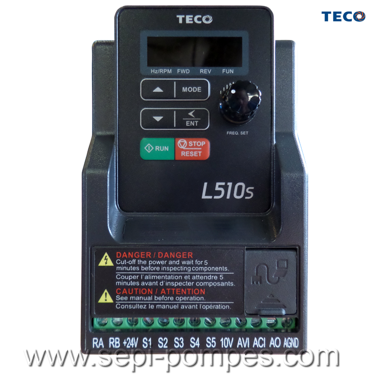 Variateur de Vitesse Electronique TECO IP20 2.2KW 3x400V 5.2A Type:L510.403.SH3F.P